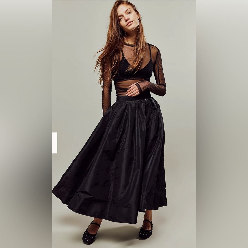 Free People Black Taffeta Midi Skirt